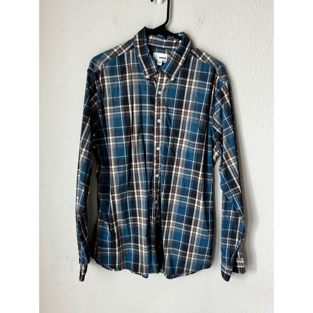 Sonoma Goods For Life Mens Large Blue Brown Plaid Long Sleeve Button Down Shirt